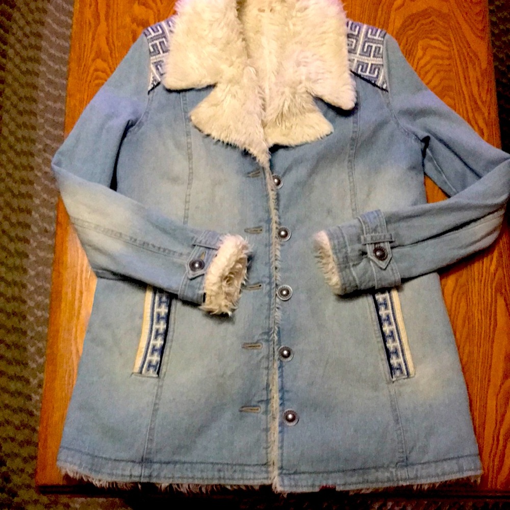 Free People Embroidered Denim Sherpa Jacket